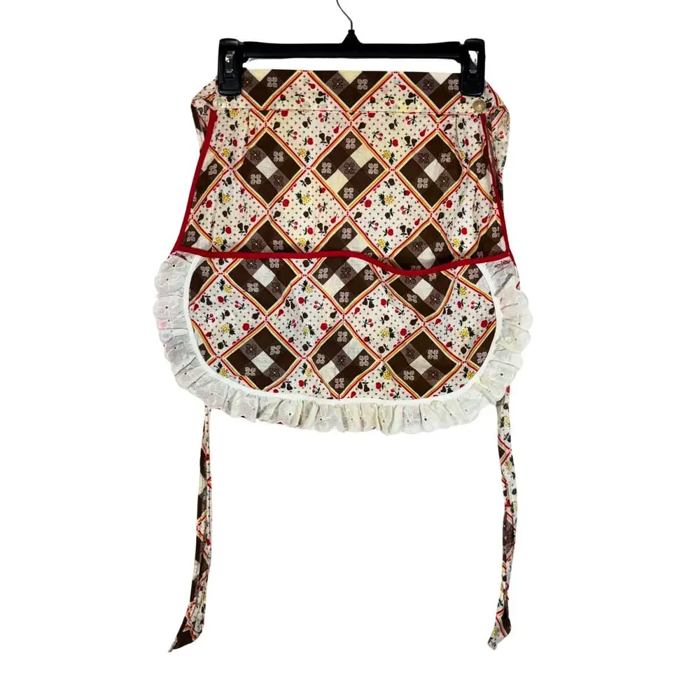 Brown White Fruit Apron Vintage Large Pockets Handmade Picnic Small Child Size